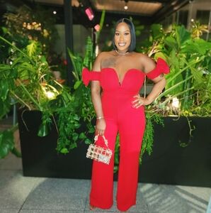 Red off the shoulder jumpsuit